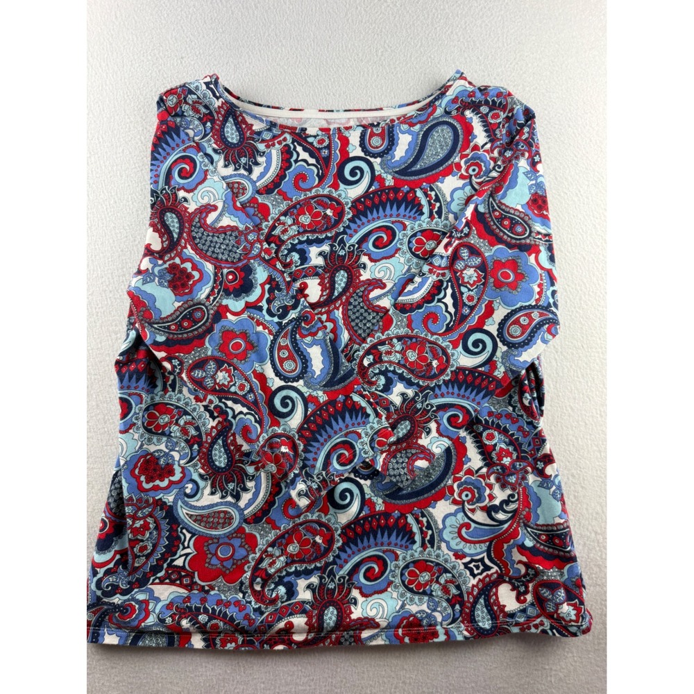 Talbots Tee Womens XL Red Blue Paisley Cotton Spandex Boat Neck Long Sleeve Top
